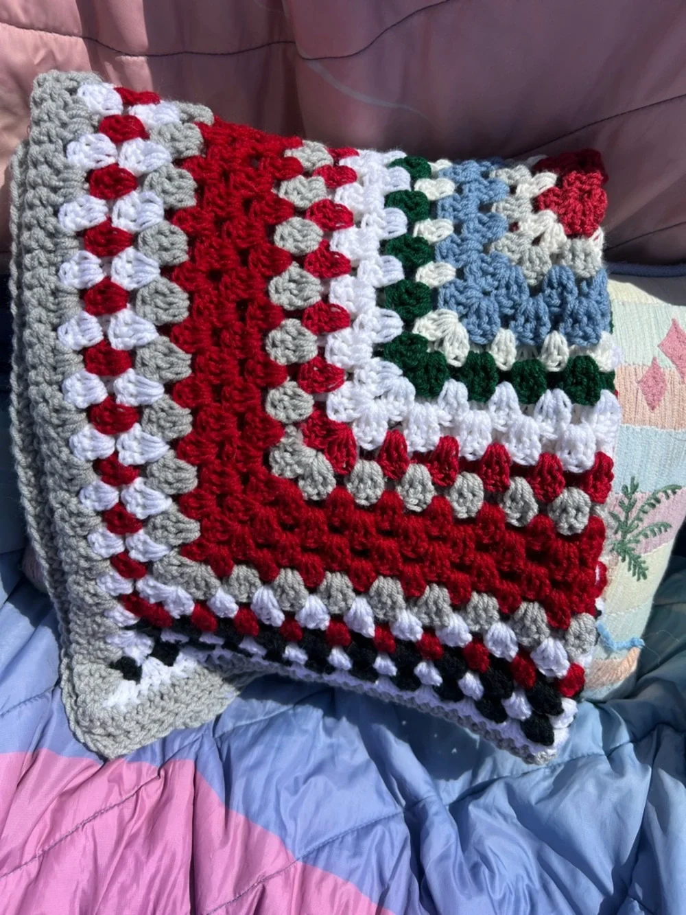 Handmade Crochet Granny Square Throw in Red, White, Gray, Blue, Black, Green new